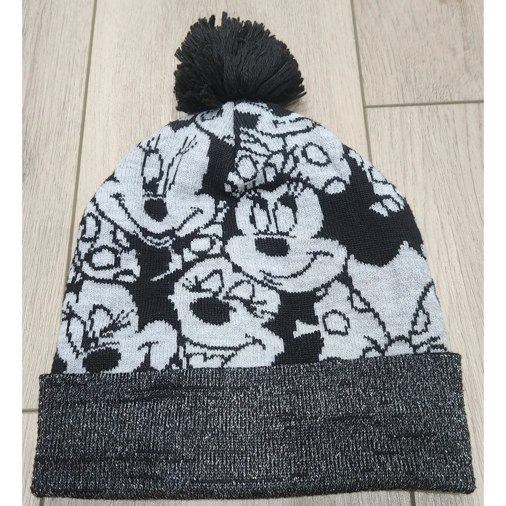 Disney Minnie Mouse Girls Beanie Black White Knit Pom Hat Red Glitter Bow OSFM